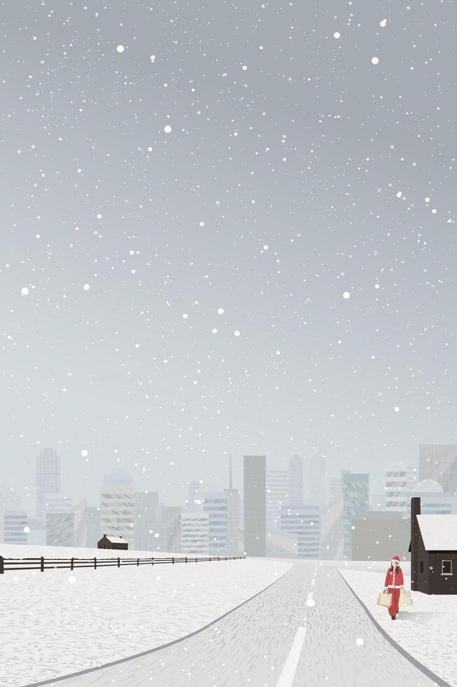 Snowscape with snowfall have a woman wearing Santa Claus suit and holding a lot of shopping bags walks along local road back from shopping center graphic illustation. vector