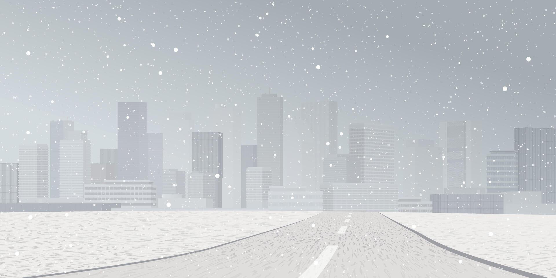 Road to the metropolis have snowfall with fog and dusk sky background graphic illustration. vector