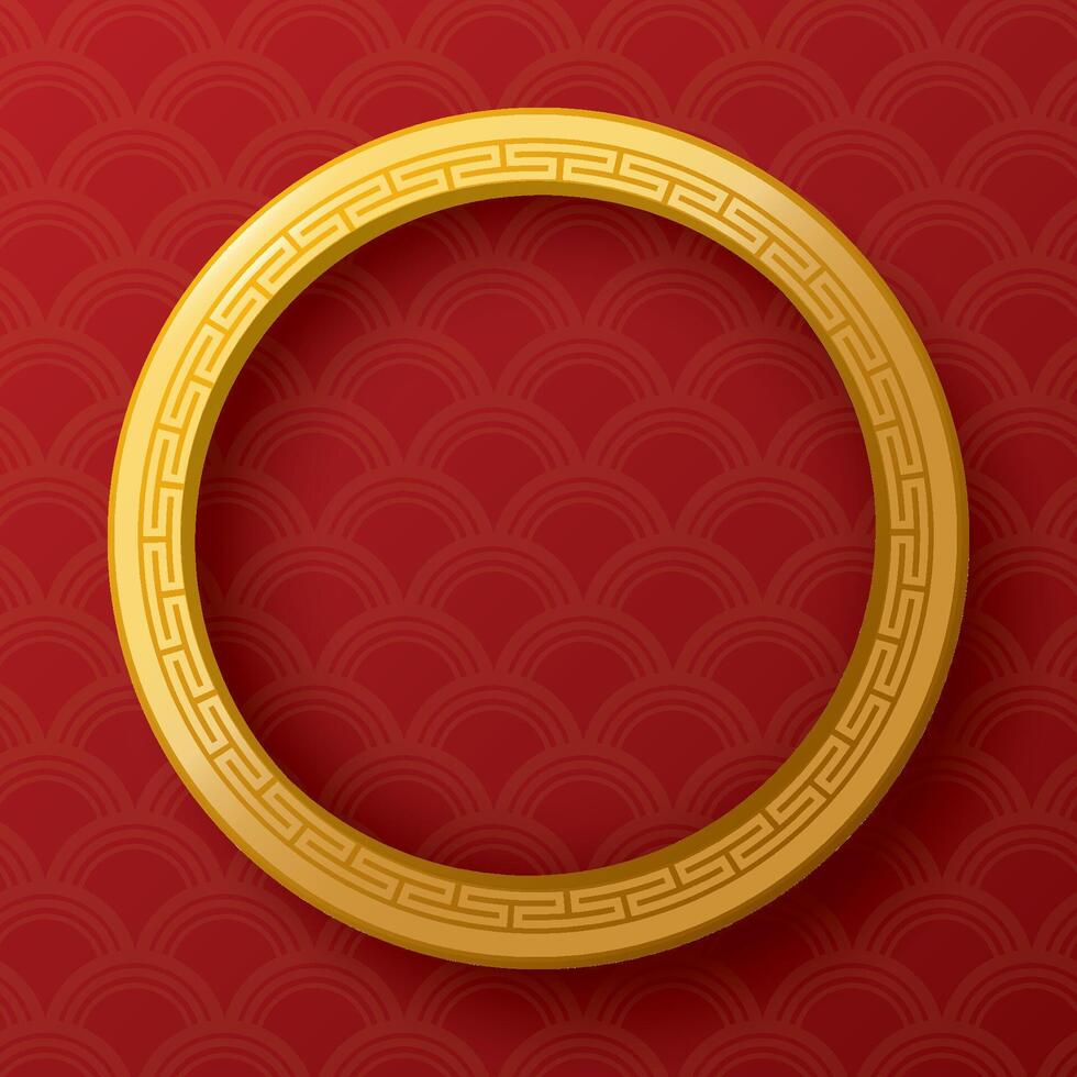 Abstract 3D golden ring oriental pattern style on red background. Chinese New Year greeting card square template have blank space. vector
