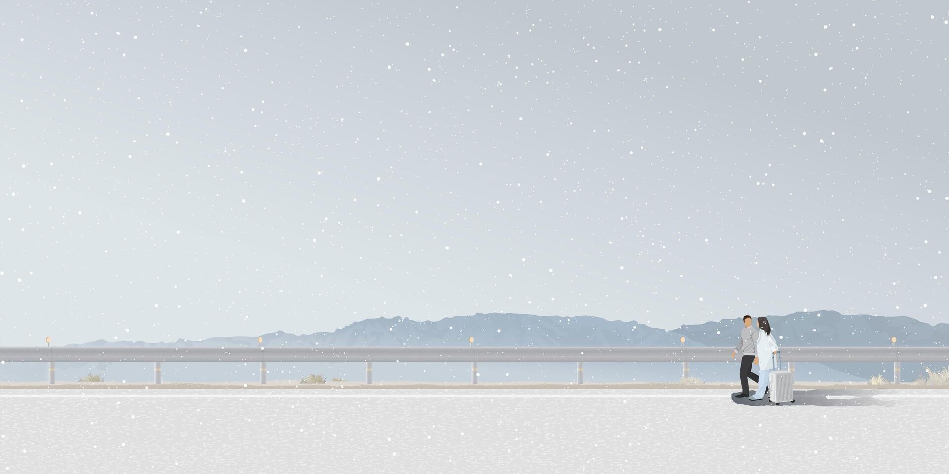Minimalist countryside landscape in winter season with snowfall have couple of lover dragging a suitcase walks along local road graphic illustation. vector