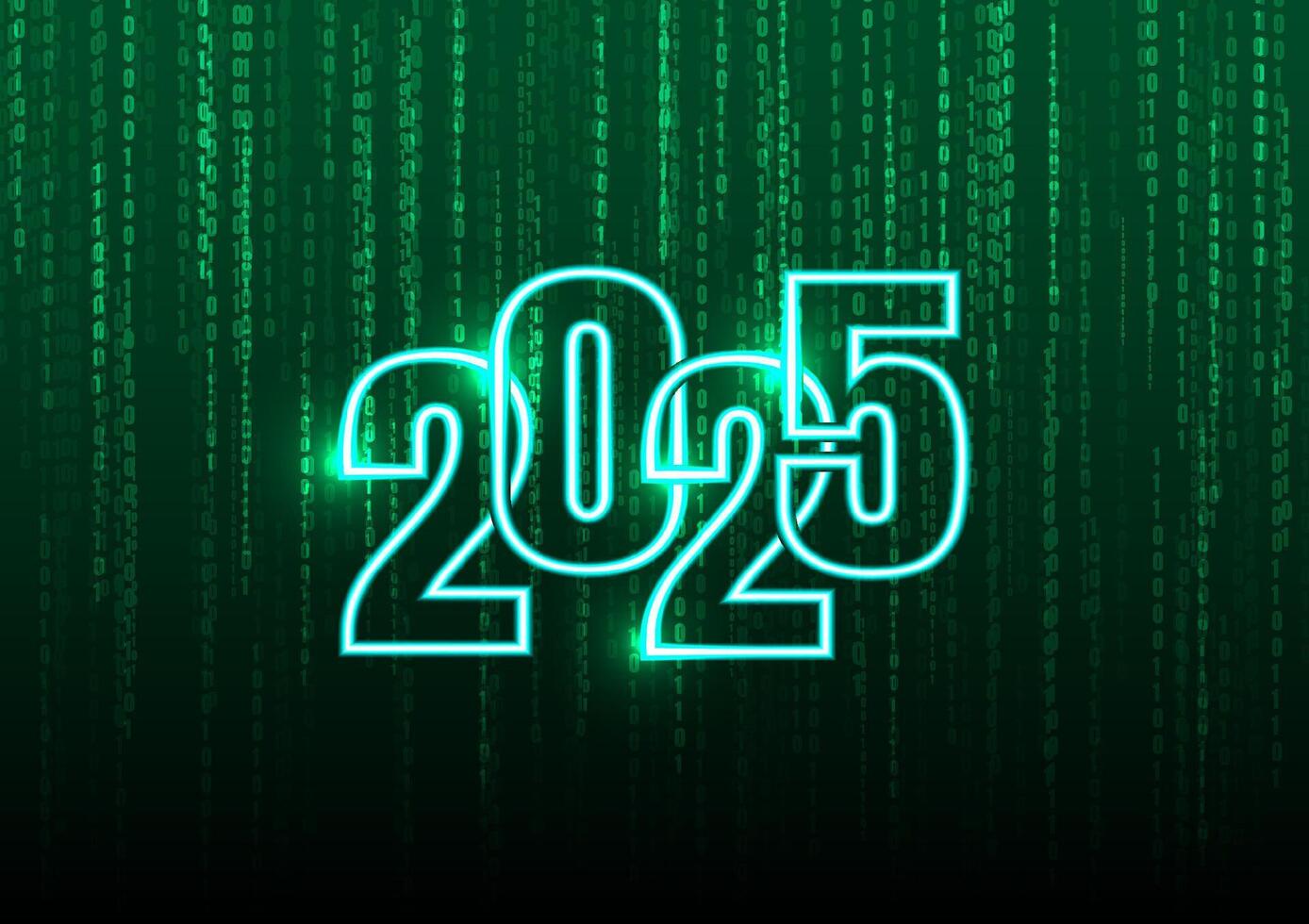Happy New Year concept with neon light 2025 number on a green binary code background for banner, card and web. vector
