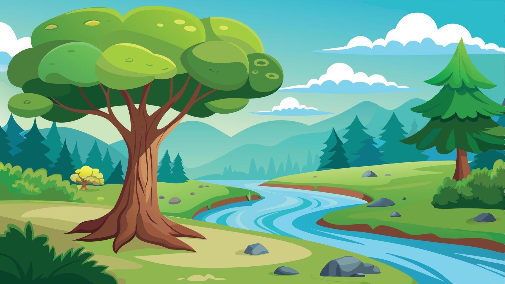Cartoon illustration of a forest with a river and trees vector