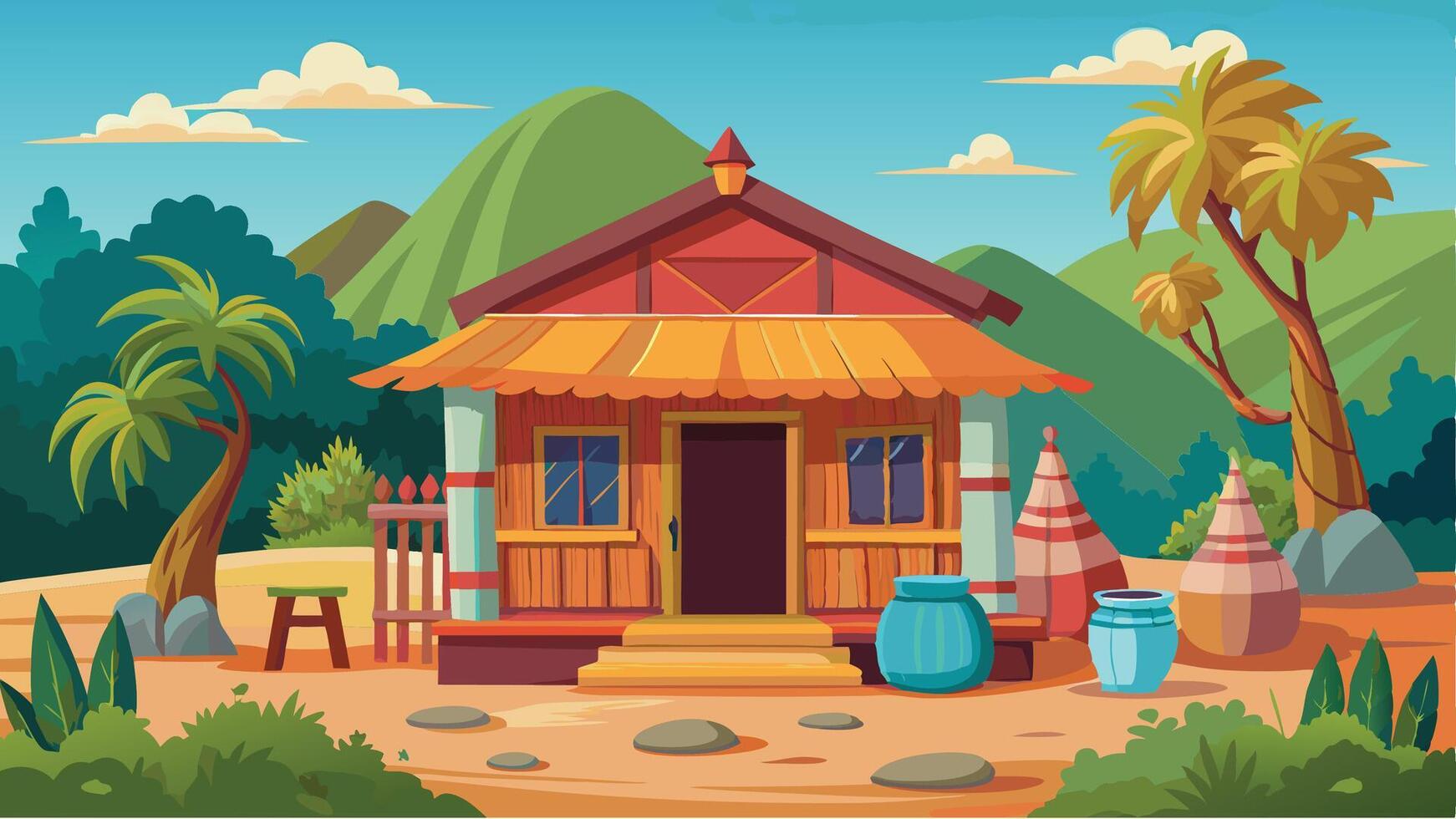 Cartoon illustration of a small house in the jungle vector