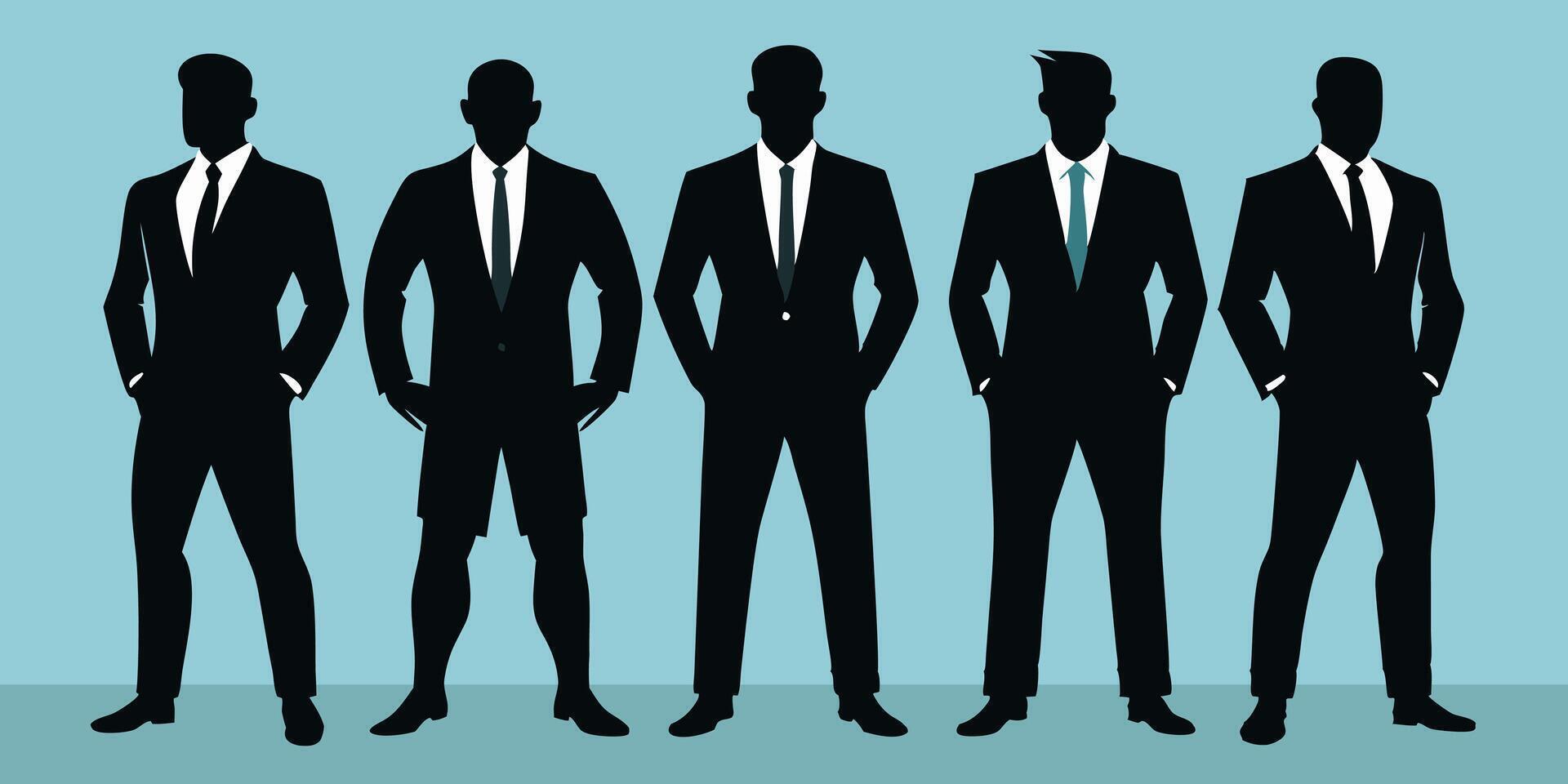 Silhouettes of business men standing in front of a blue background vector
