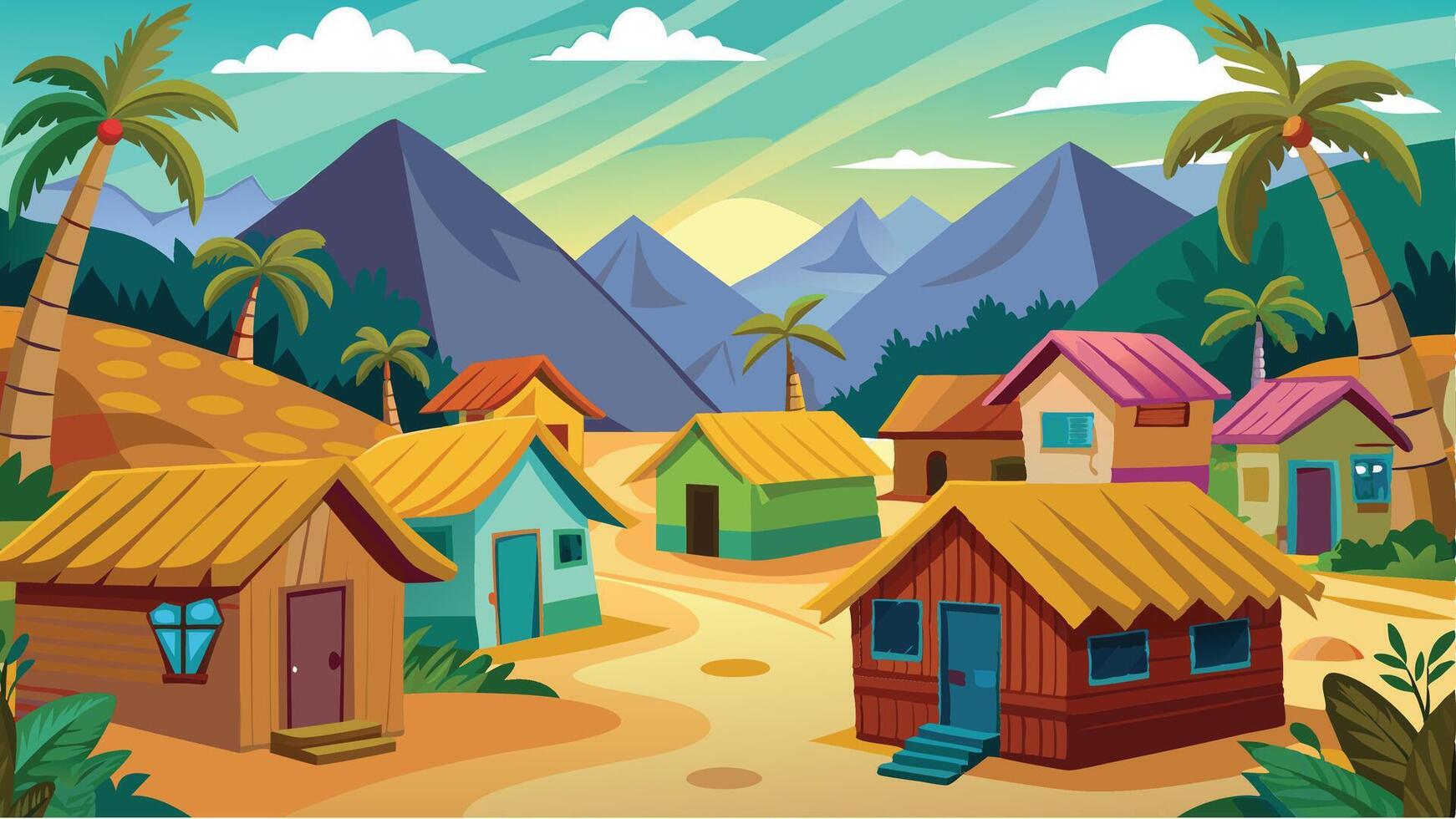 Tropical village with houses and palm trees vector