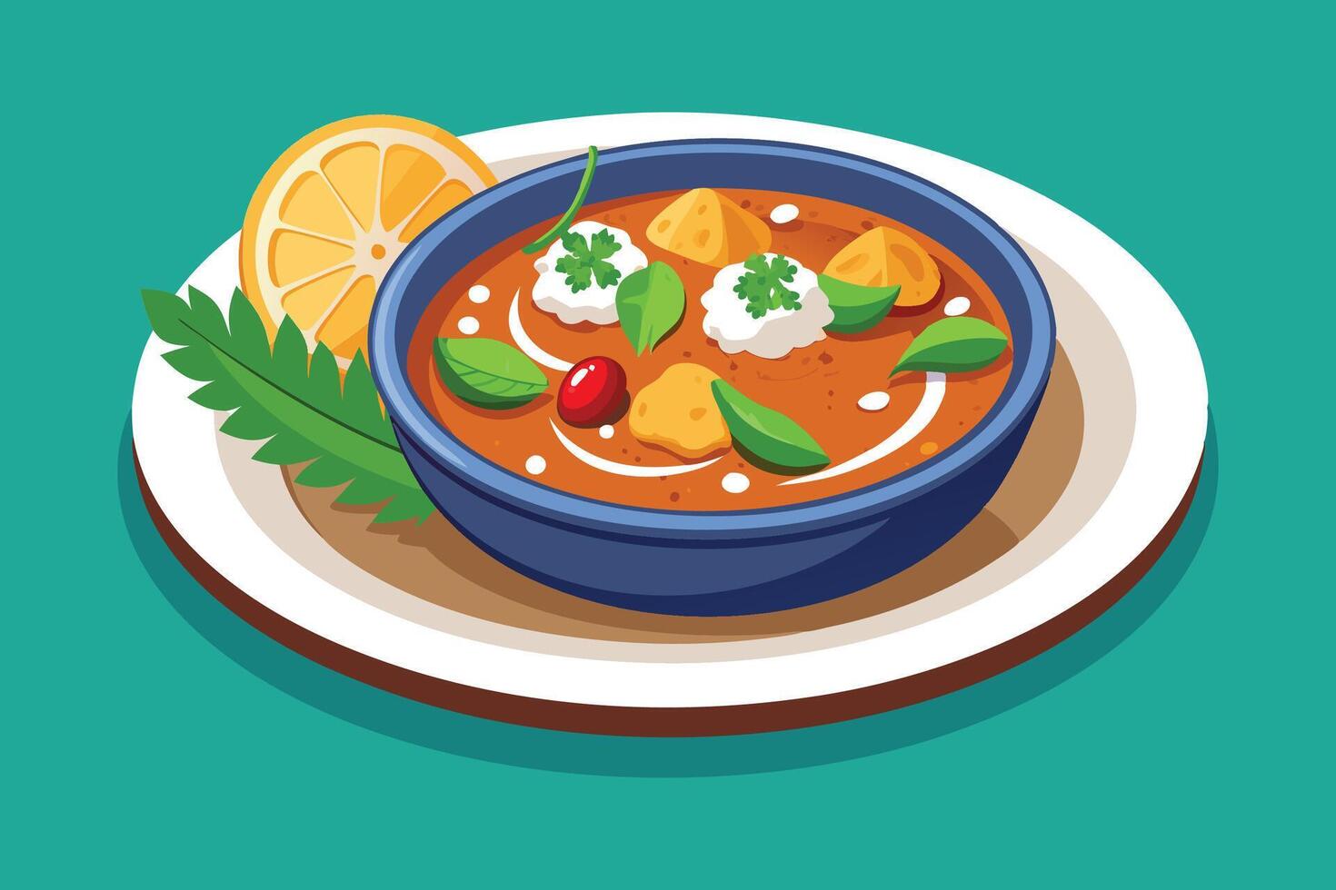 A bowl of curry with a slice of lemon on it vector
