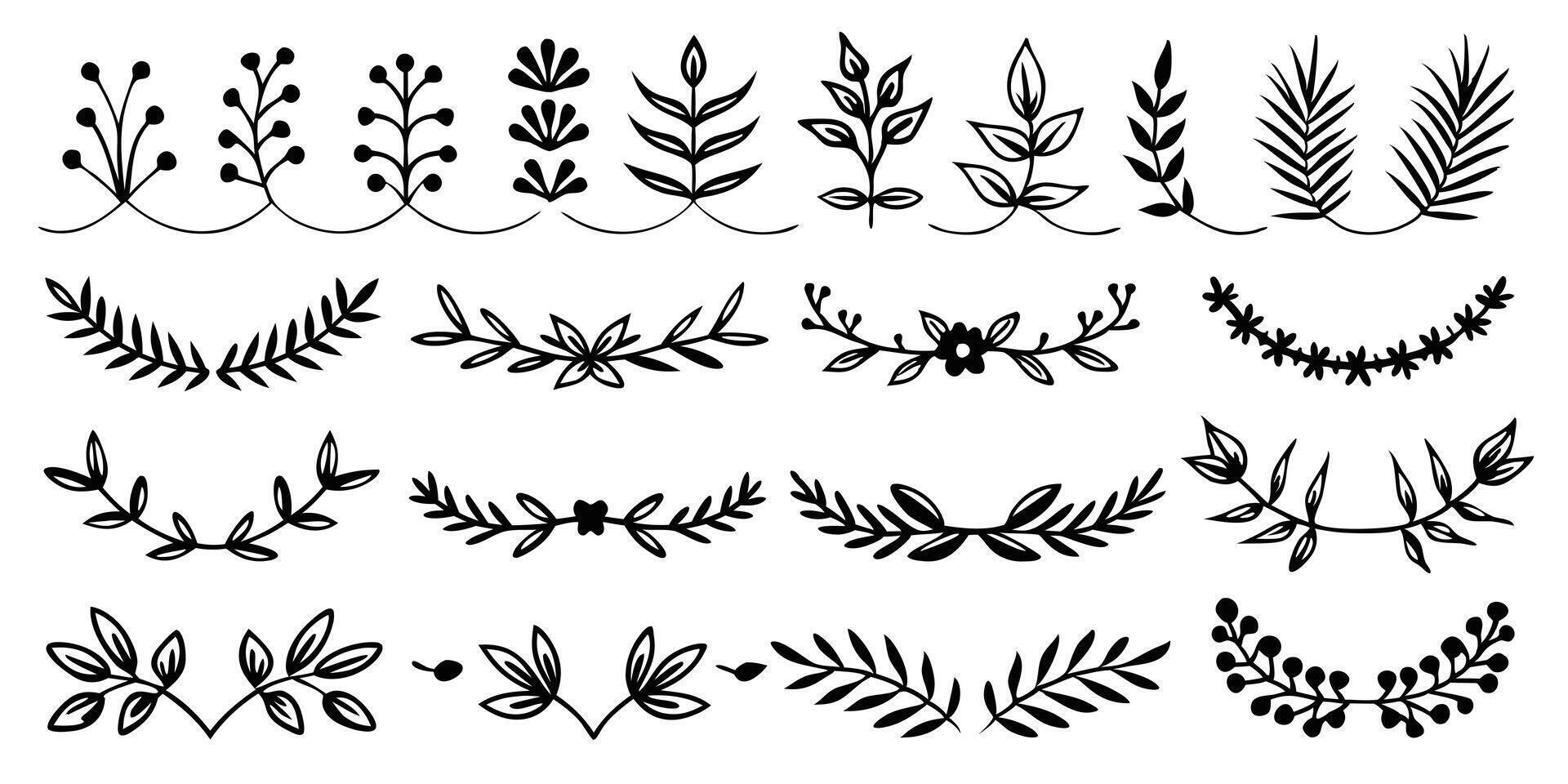 set of black hand-drawn floral leaf vector