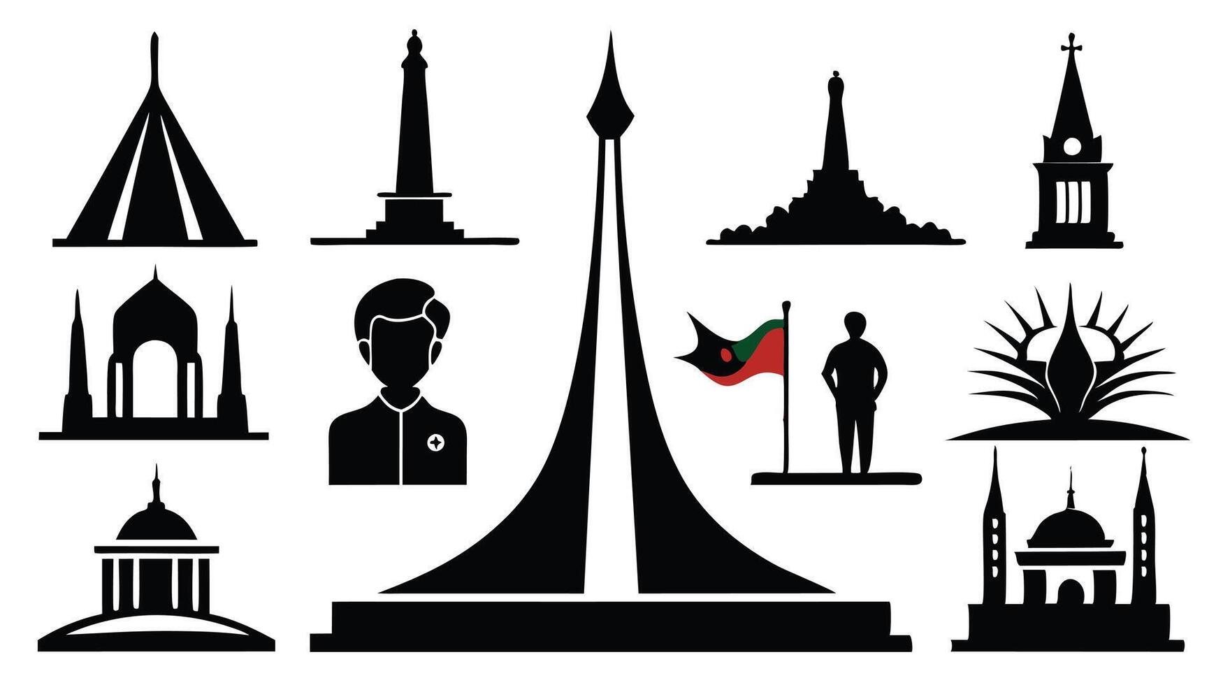 Various landmarks and buildings in black and white vector