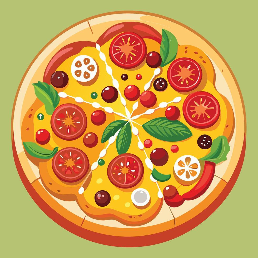 A pizza with tomatoes, peppers, and basil vector