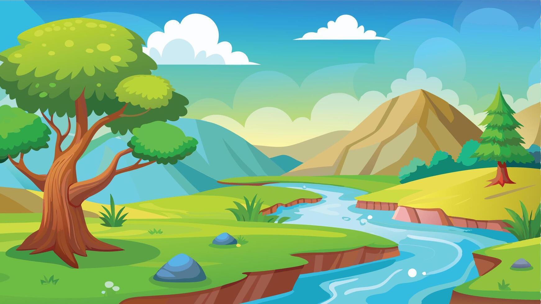 Cartoon landscape with river and trees vector