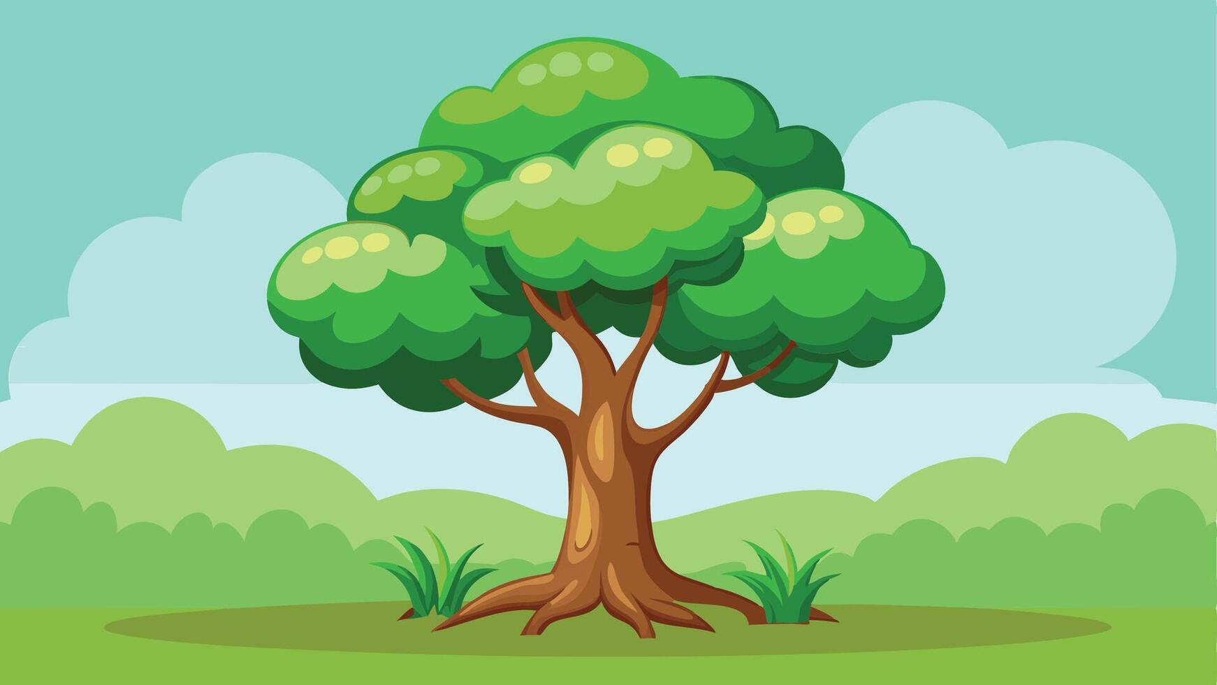Cartoon tree with green leaves and grass on a blue sky background vector