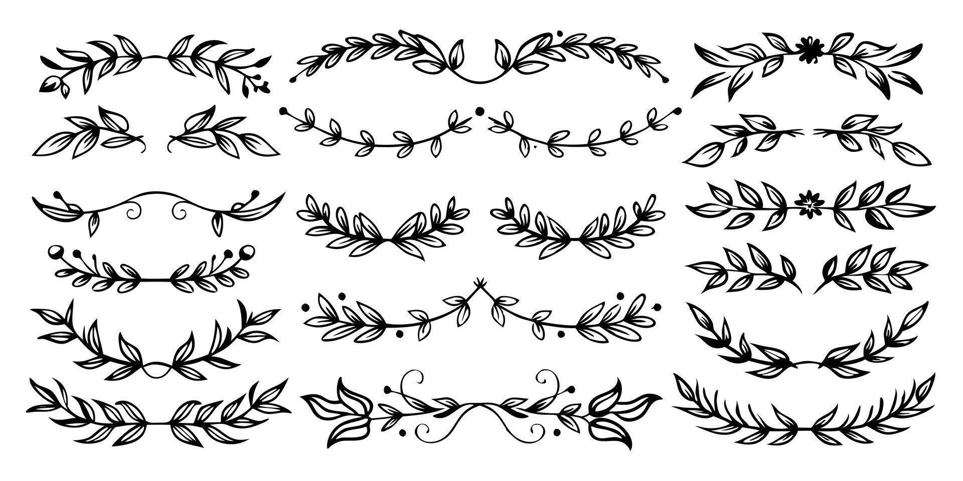 set of black hand-drawn floral leaf vector