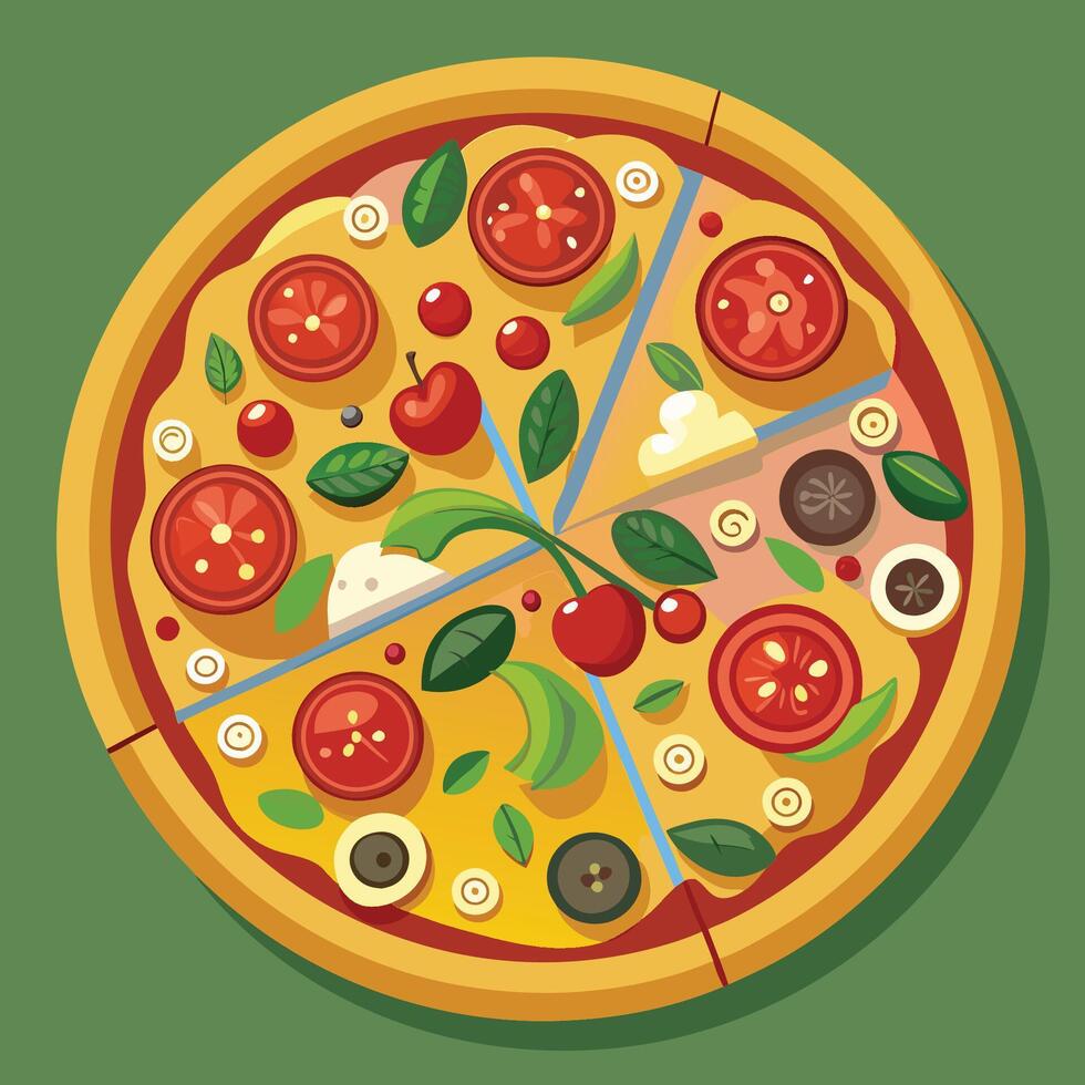Pizza with different toppings on a green background vector