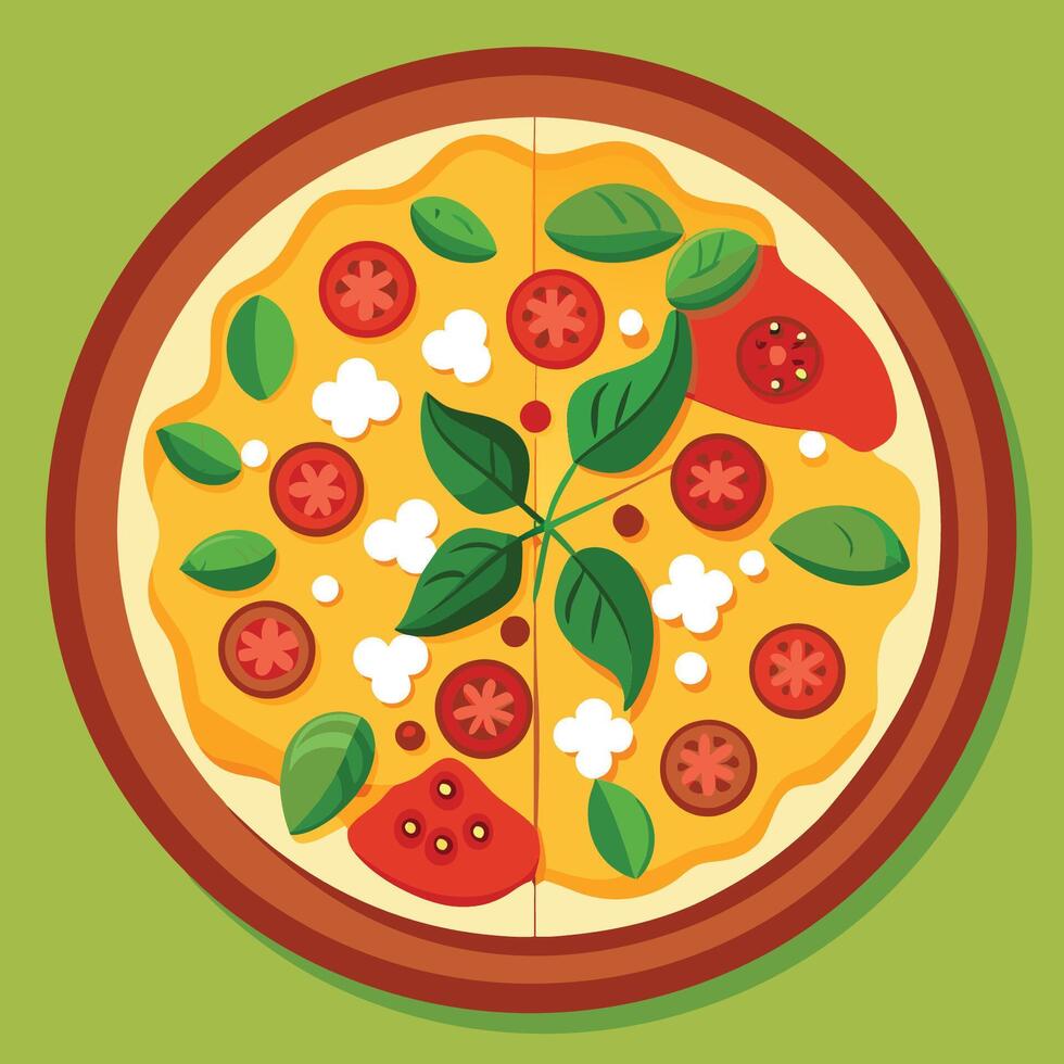 Pizza with tomato, basil and cheese on a green background vector