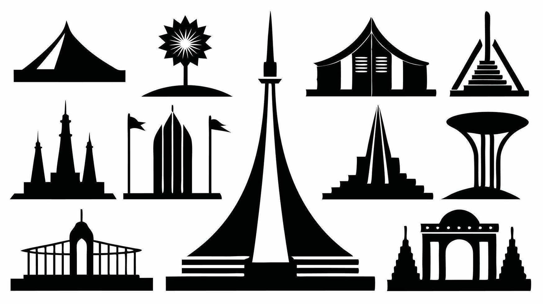 Various buildings and towers in black and white vector