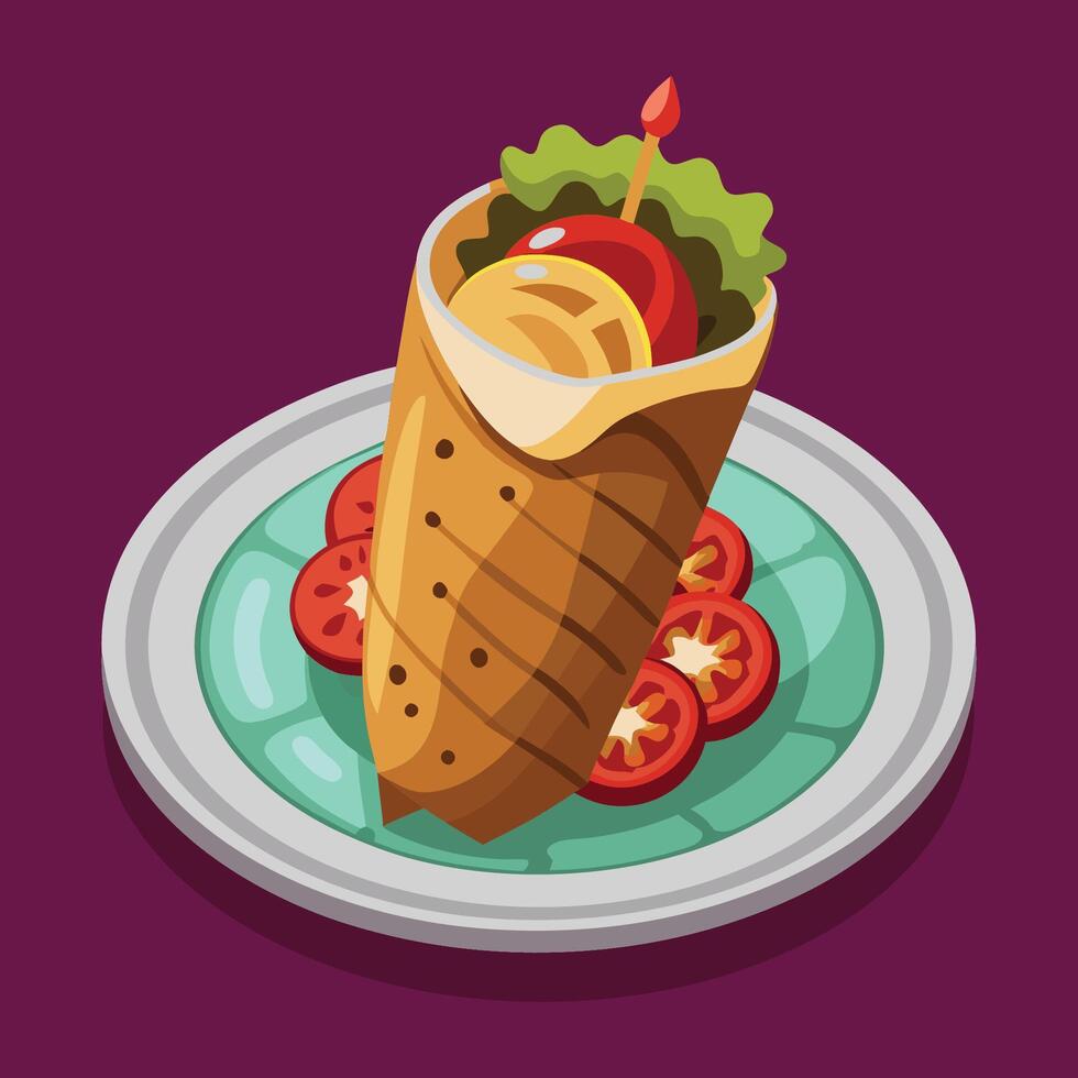 A burrito with tomatoes and cheese on a plate vector