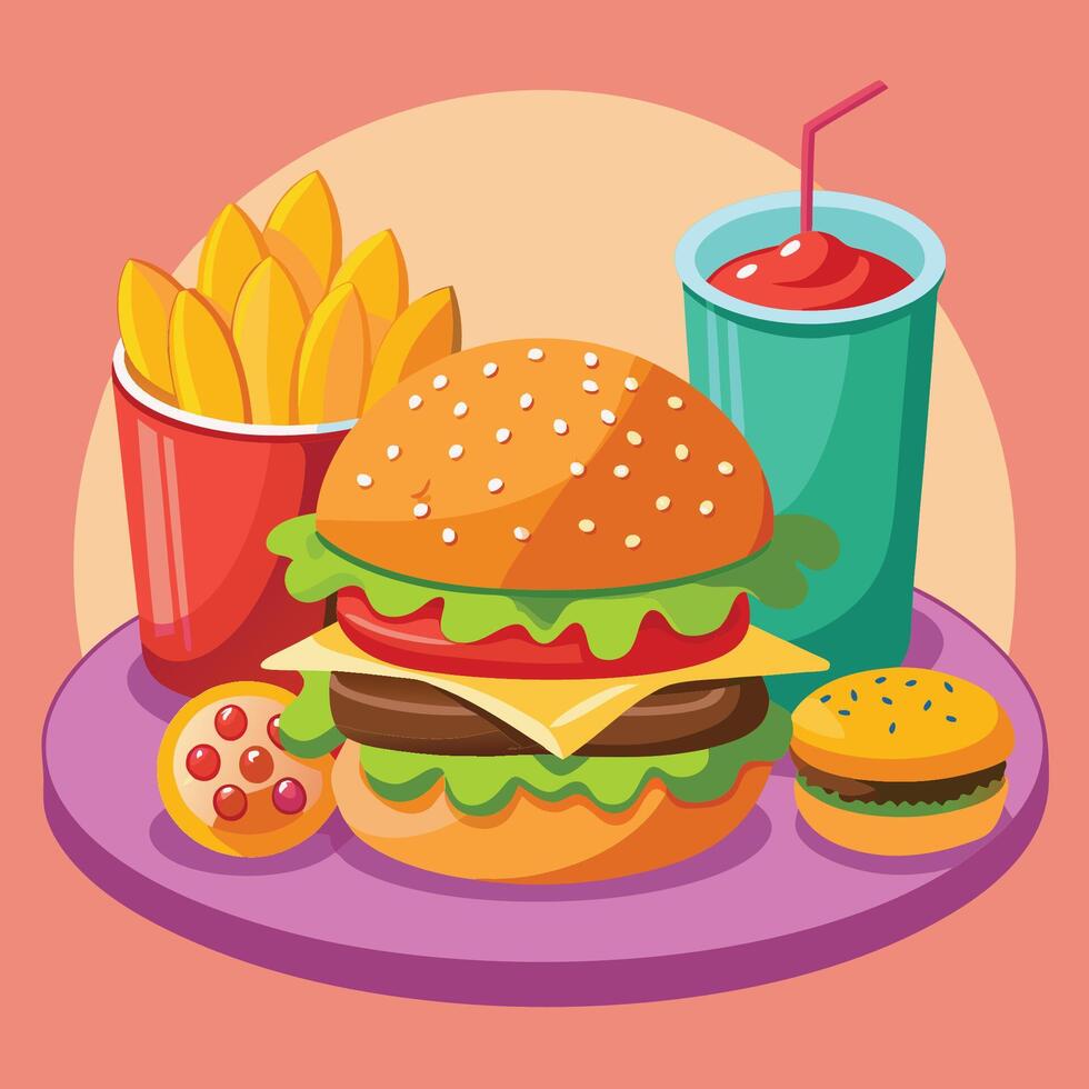 Fast food burger, fries and drink on a plate vector