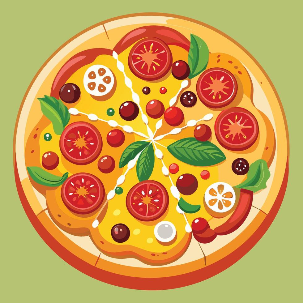 A pizza with tomatoes, basil and other ingredients vector