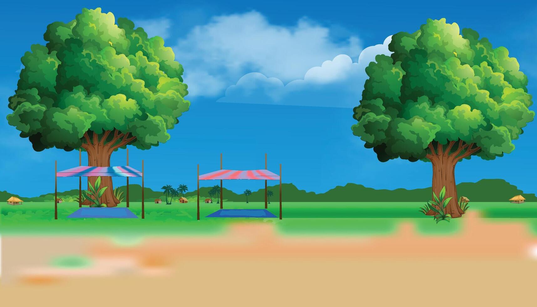 A cartoon scene with a tree and a bench vector