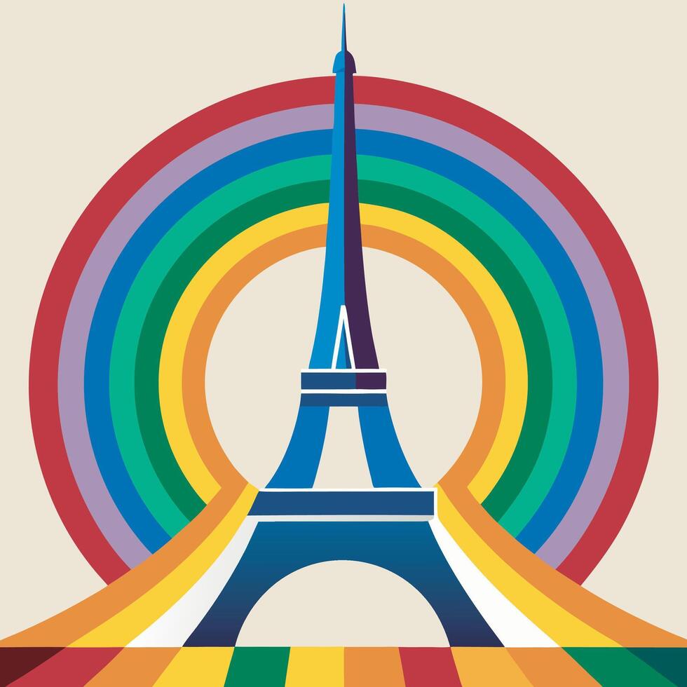 The eiffel tower is shown in front of a rainbow vector