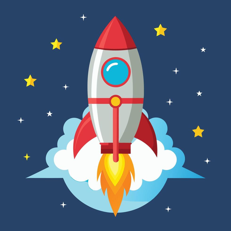A rocket ship flying through the sky with stars vector