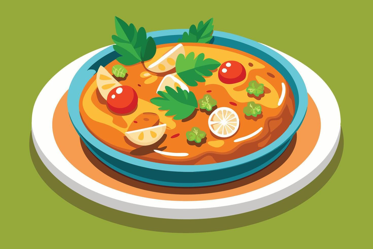 A bowl of curry with vegetables and herbs on a plate vector