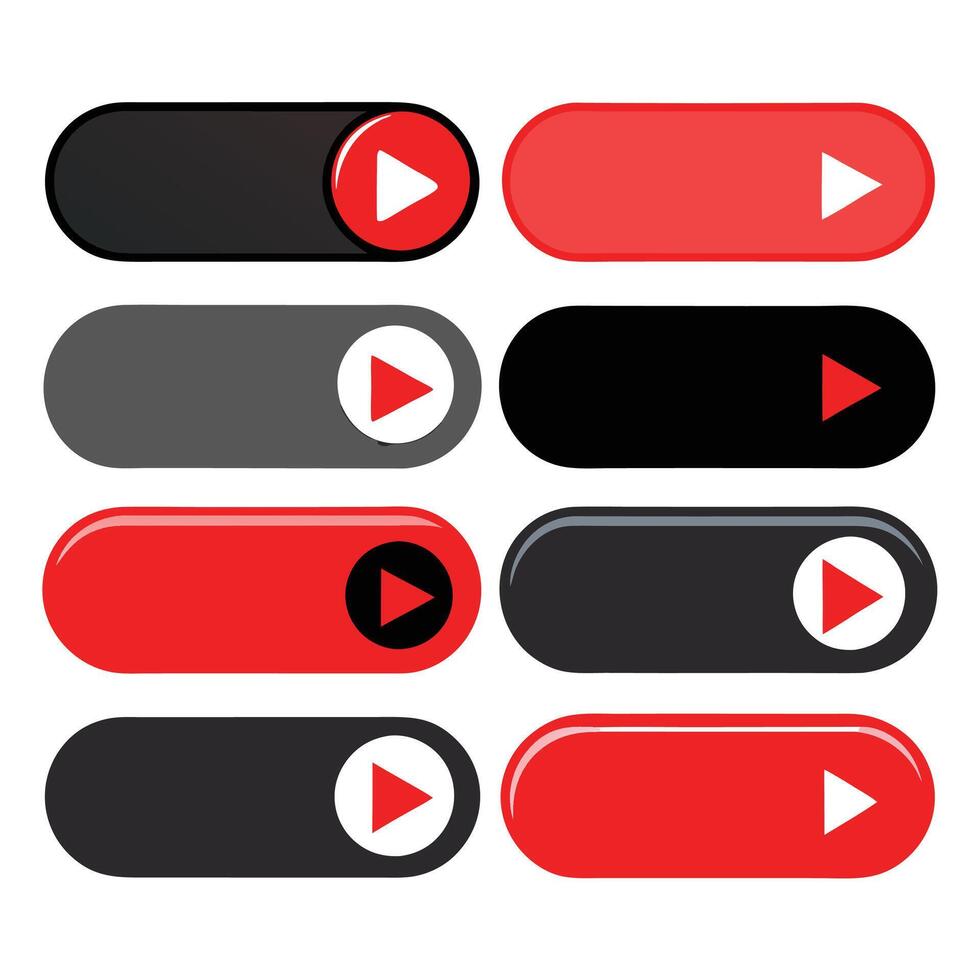 A set of red and black buttons with a play button vector