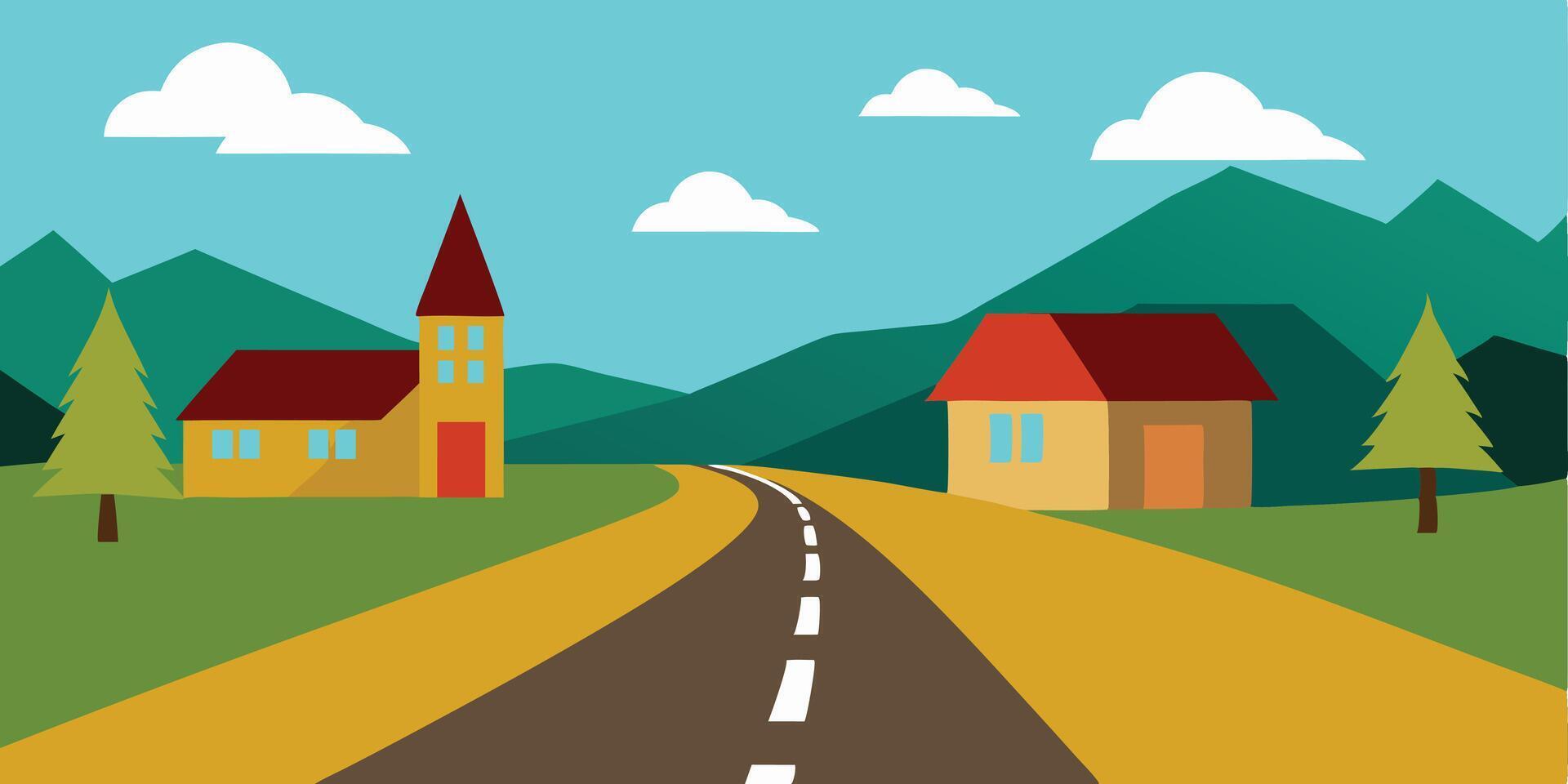 An illustration of a road with houses and mountains vector