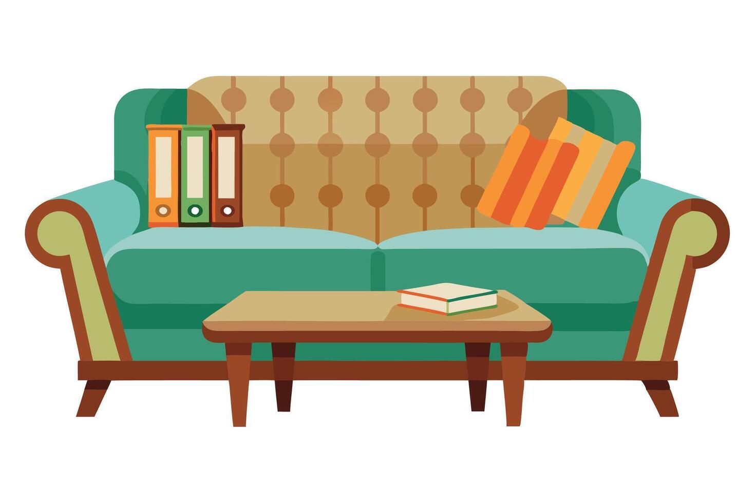 An old couch with books and a coffee table vector