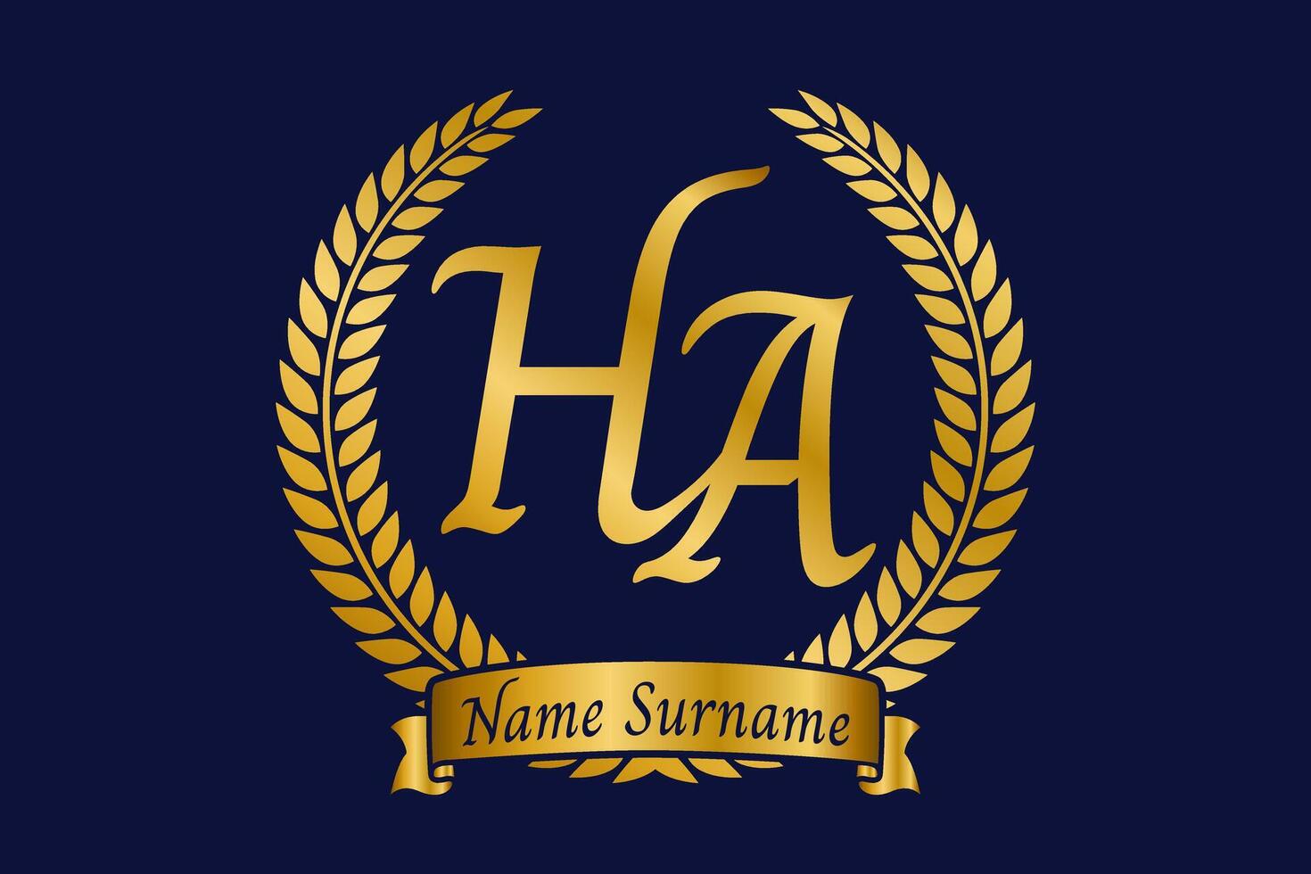 Initial letter H and A, HA monogram logo design with laurel wreath. Luxury golden calligraphy font. vector