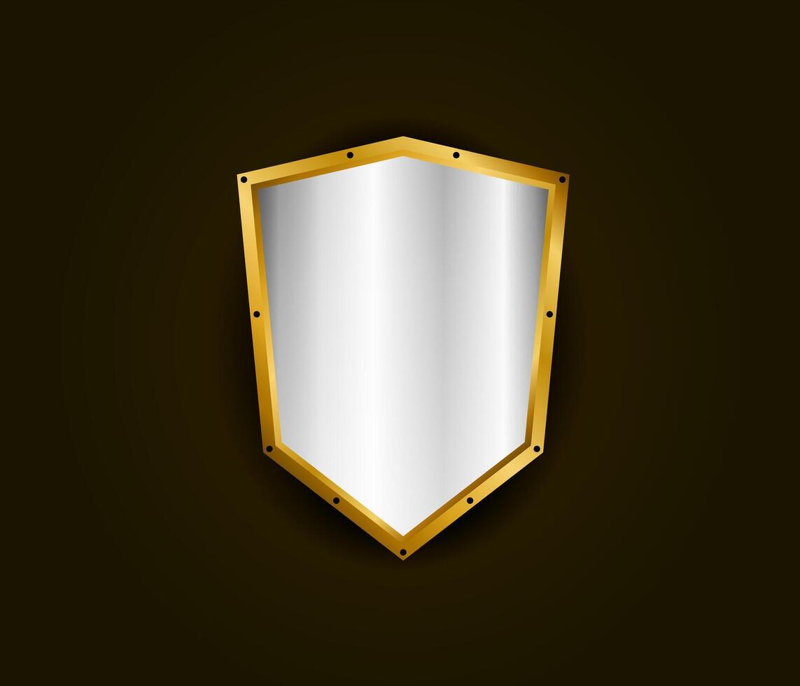 Metal realistic shield illustration. Silver with gold royal design. Security and safety symbol template vector