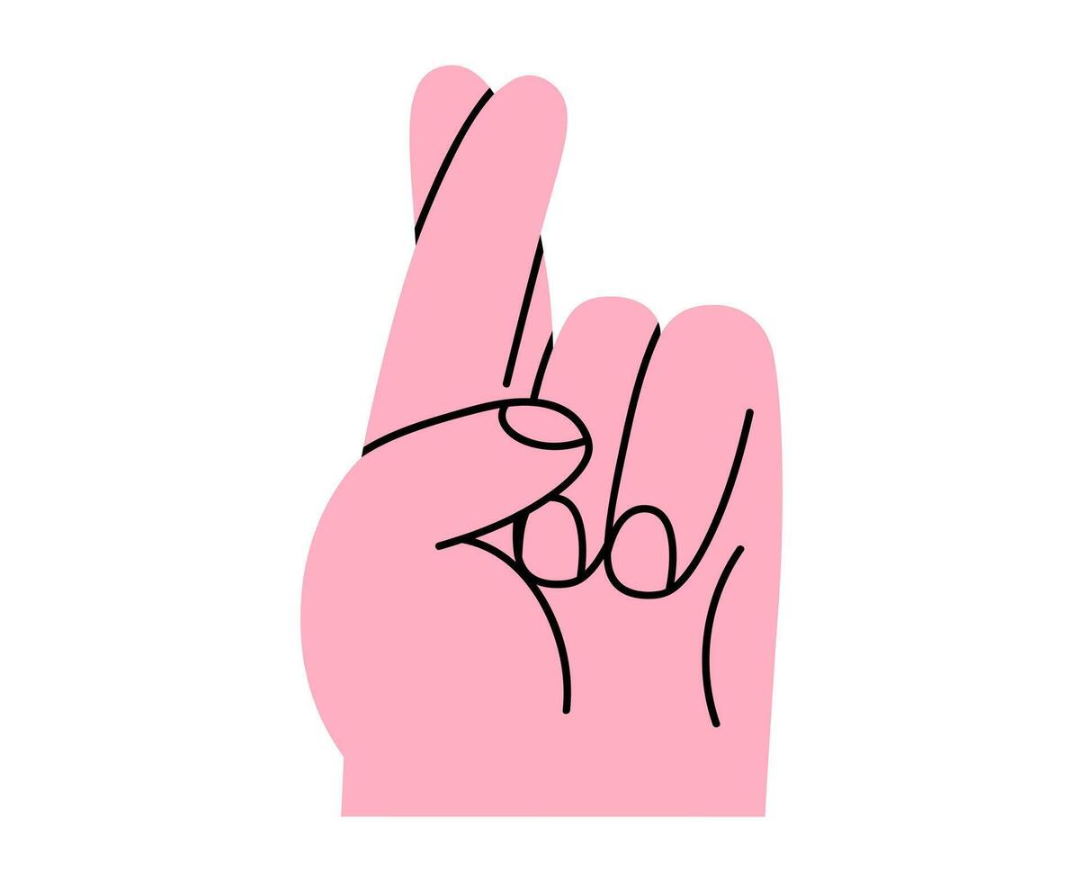 Hand drawn cute cartoon illustration hand with fingers crossed. Flat lucky arm sign doodle. Make a wish gesture. False promise icon or sticker. Superstition symbol. Hope for the best. Isolated. vector