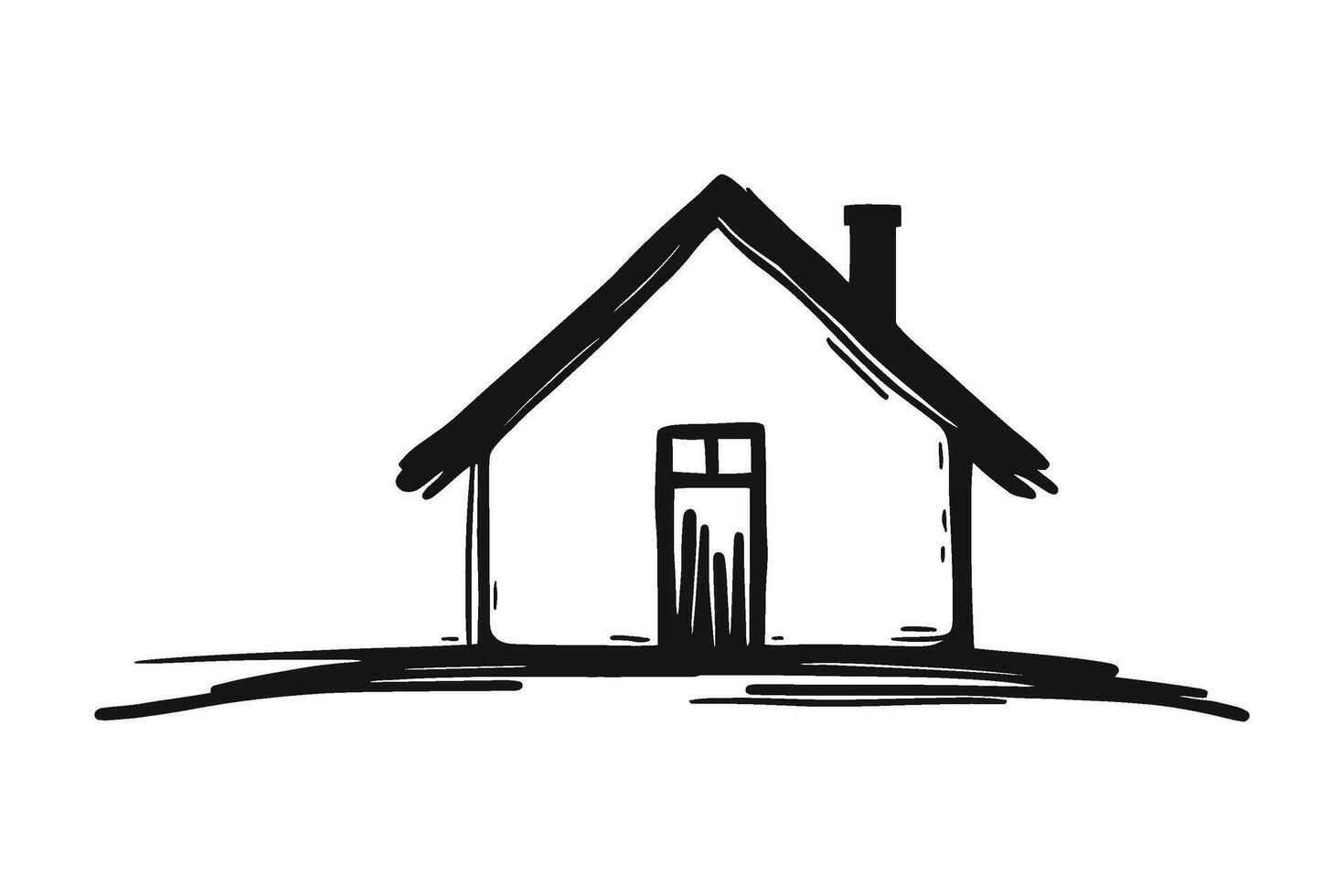 Hand drawn house sketch, features a pitched roof, chimney, window, and door vector
