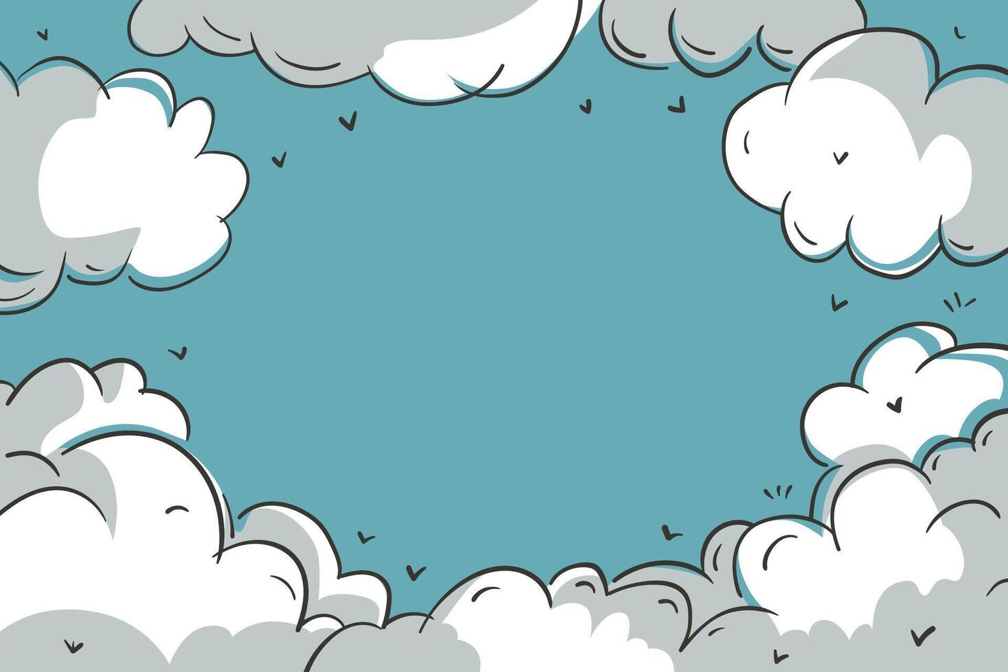 Whimsical cartoon of a sky with fluffy clouds and V-shaped birds. Clear blue background, perfect for creative projects vector