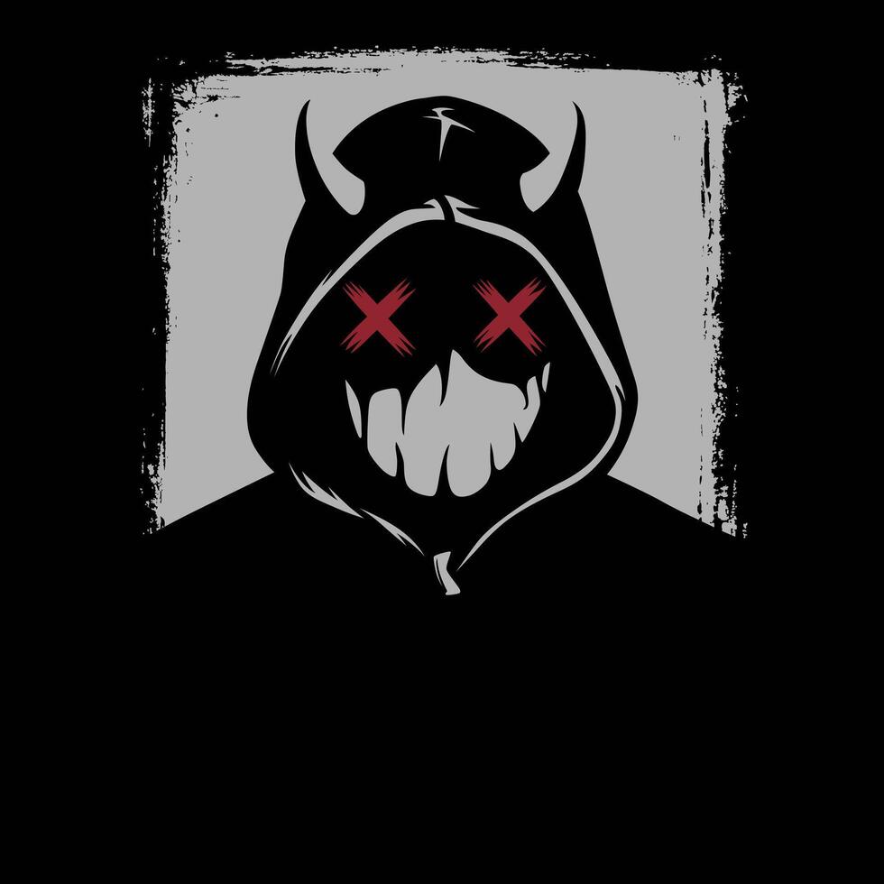 A mysterious, hooded figure with devilish horns and crossed-out eyes vector
