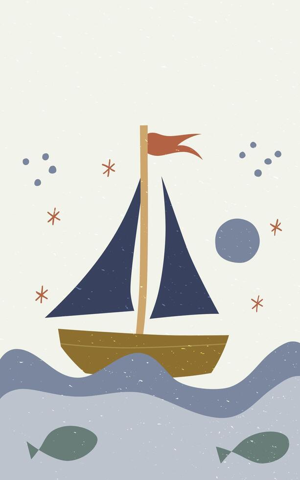 Playful illustration of a sailboat with a blue sail and a red flag, sailing on a wavy sea with two fish swimming below vector