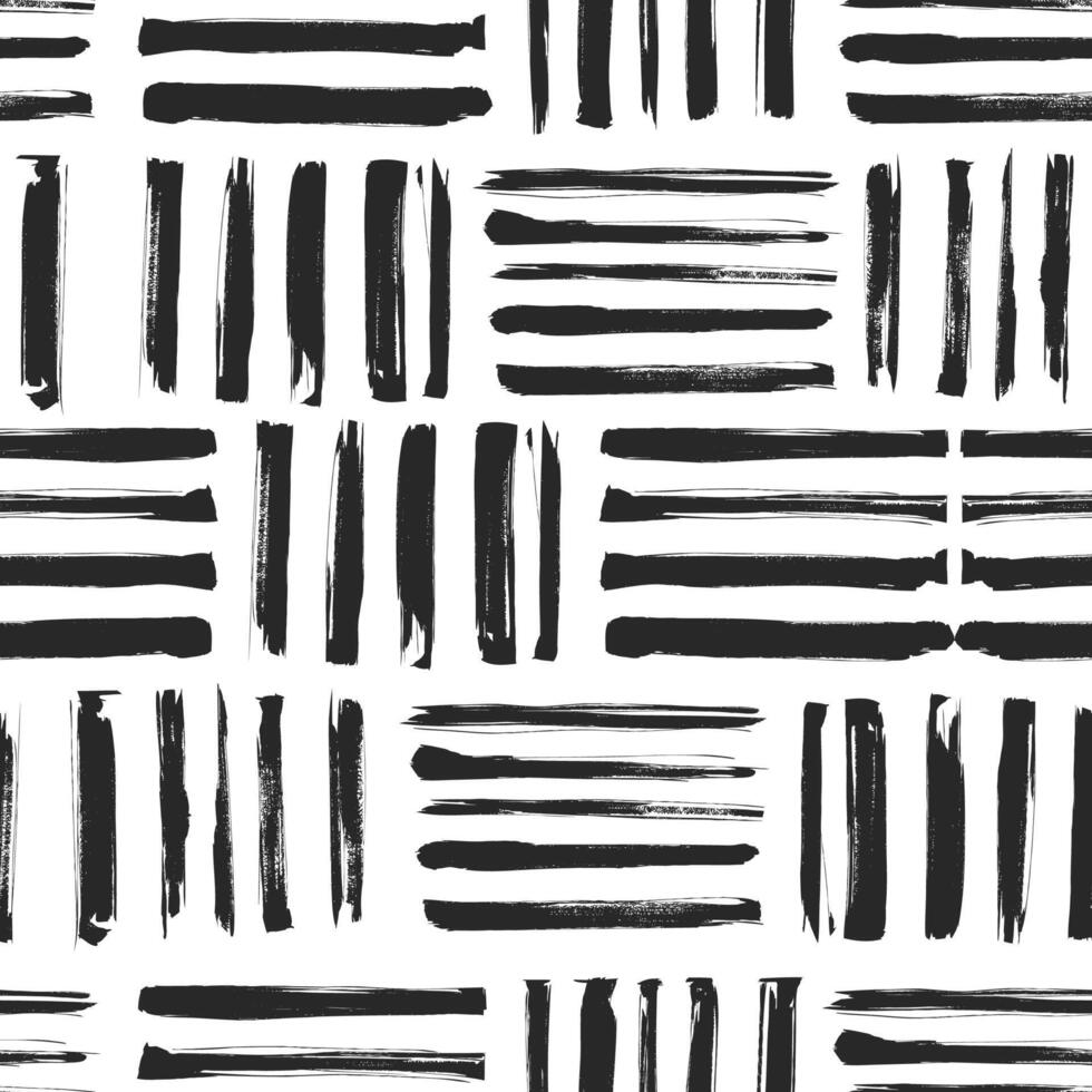Black brush strokes seamless pattern on a white background. The brush strokes are arranged in a grid-like vector