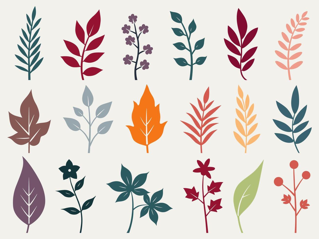 18 colorful, stylized botanical illustrations in a 3x6 grid. Ideal for patterns, backgrounds, and decorative elements vector