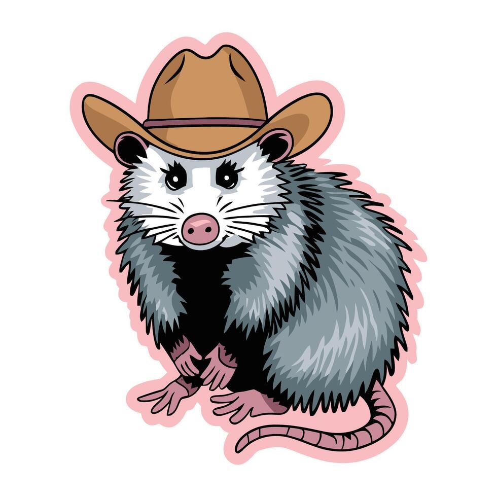 Cute opossum wearing cowboy hat cartoon illustration vector