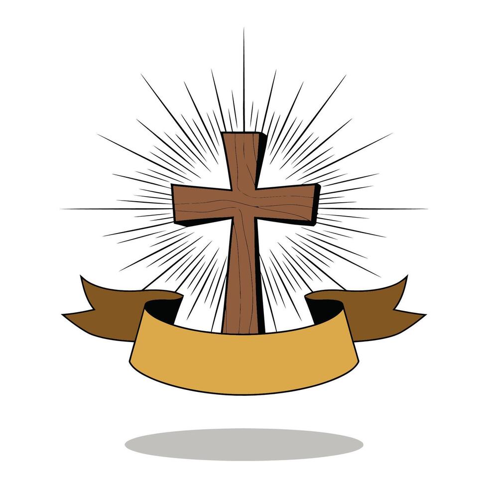 Wooden cross with radiant light and blank banner illustration vector