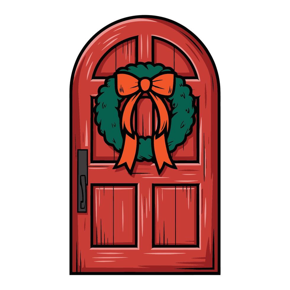 Wooden Red Door with Christmas Wreath Illustration vector