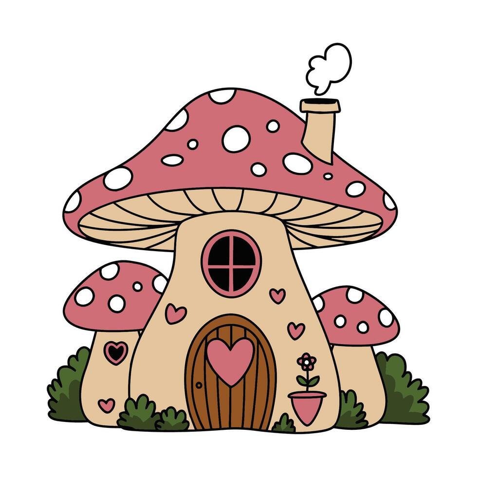 Whimsical Mushroom House with Hearts and Chimney Illustration vector