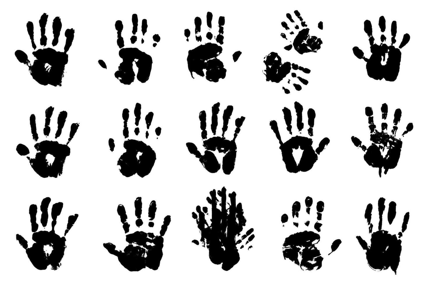 Black handprint silhouettes set on white background. Halloween horror or crime concept. Man palm print, hand prints icons set vector