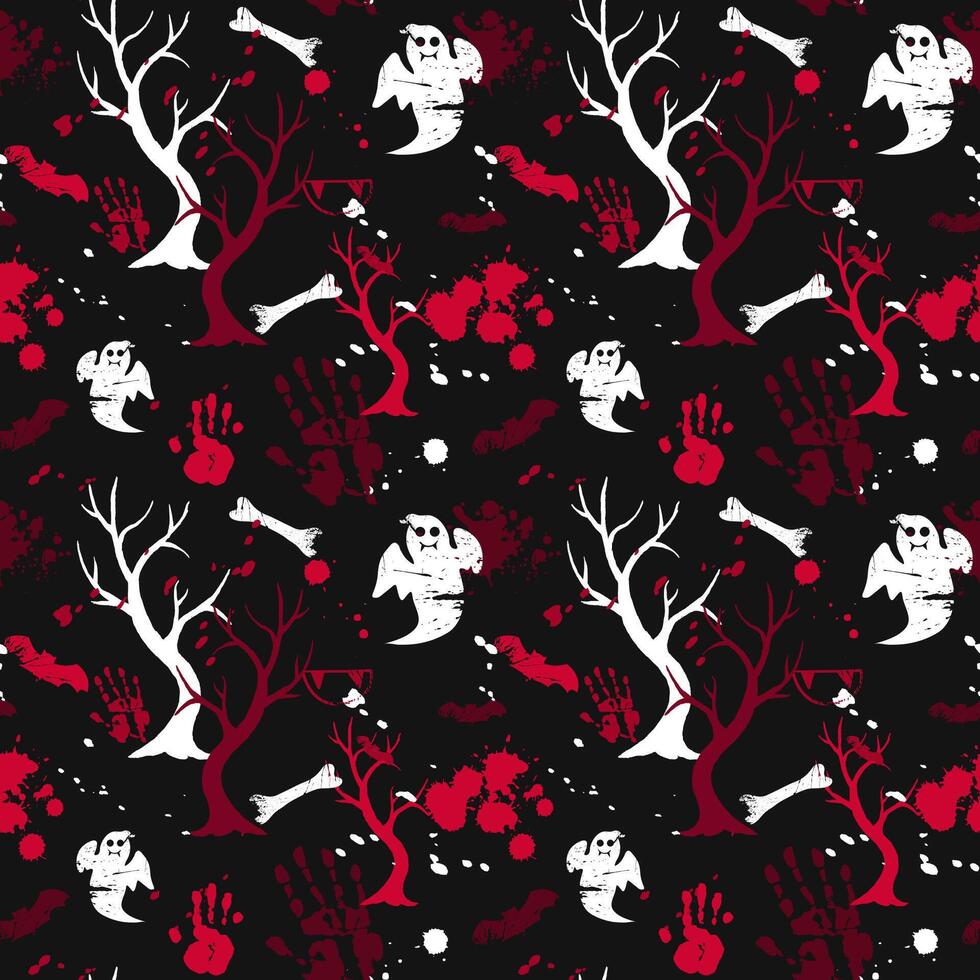 Spooky modern Halloween pattern on black background. Horror Happy Halloween seamless pattern with red handprint and paint splashes, dead tree and ghost. Red and white colours vector