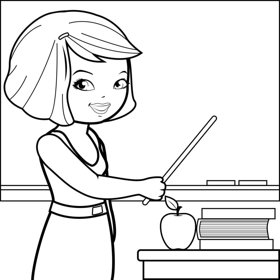 Teacher teaching in the classroom. Elementary school woman teacher in front of the class room chalkboard. Black and white coloring page. vector