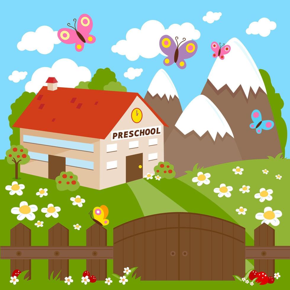 Preschool building for young students. Beautiful landscape in nature with trees, flowers and butterflies and happy school for little children. vector