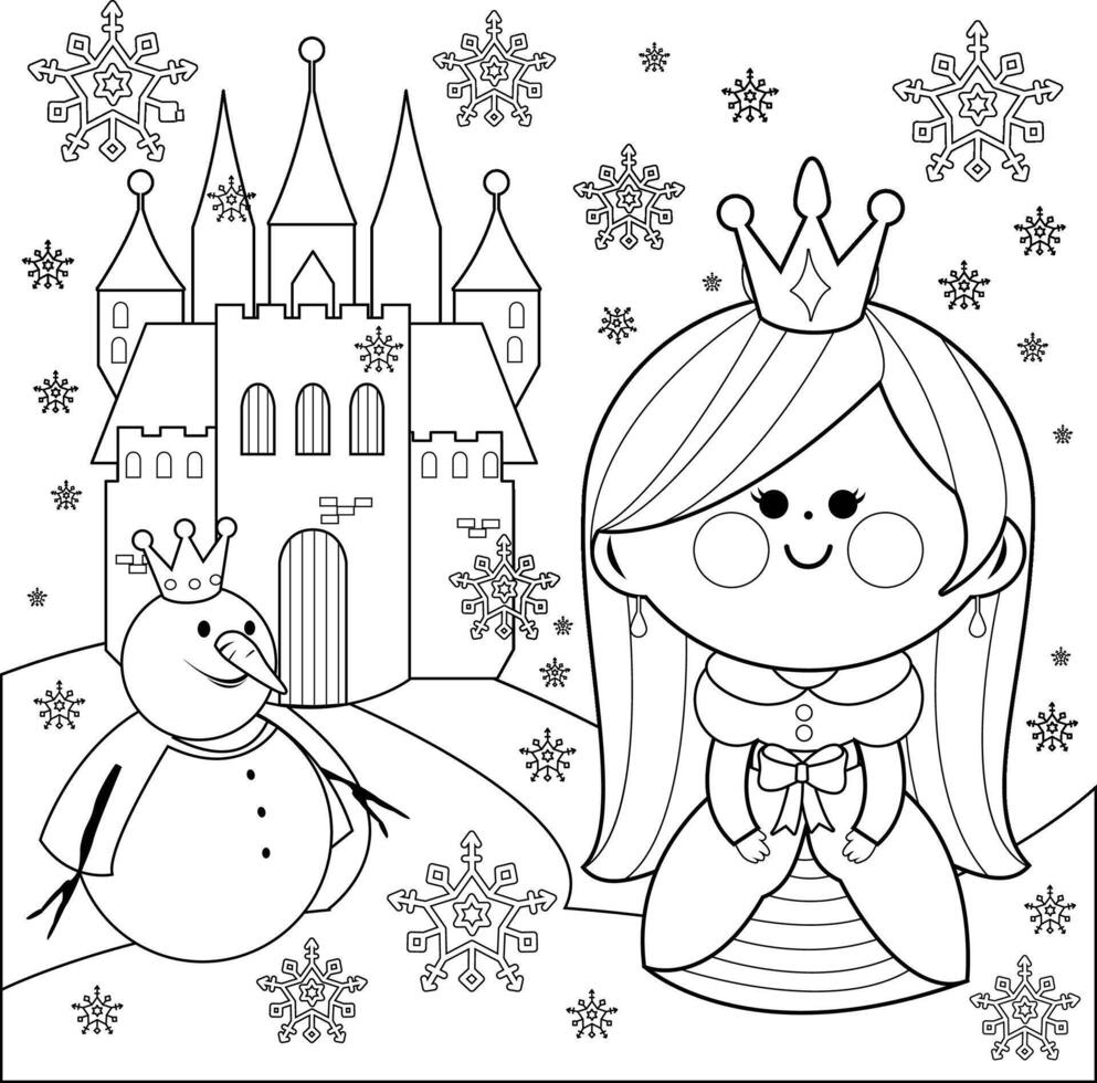 Pretty fairy tale princess in a snowy winter landscape with a castle and a snowman. Cute frozen snowflake girl queen. Black and white coloring page. vector