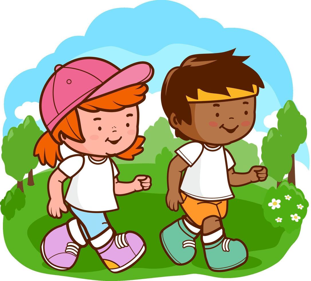 Children runners, a boy and a girl running at the park. Little athletes running on a race, training on a marathon. Fitness group of kids working out. vector