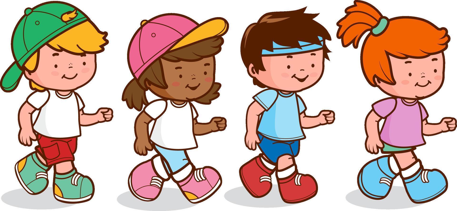 Children runners, boys and girls running, walking and exercising. Little athletes running on a race, training on a marathon. Fitness group of kids working out. vector