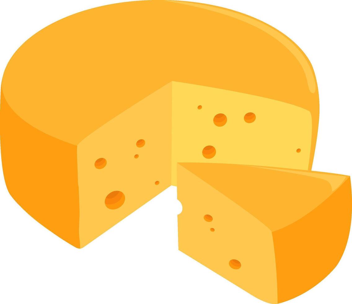 Sliced Swiss cheese wheel. Emmental or gouda cheese. Piece cut out of yellow cheese head. Dairy product, cheese sliced in pieces. vector